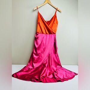 Colorblock Satin Slip Dress Orange & Fuchsia Resort Party Maxi L [000128]